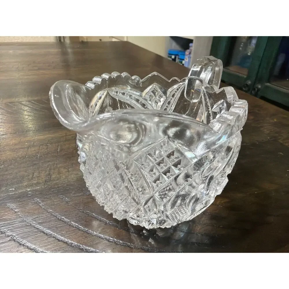 Antique ABP Cut Crystal Glass Creamer Hobstar Diamond Fan Scalloped Rim